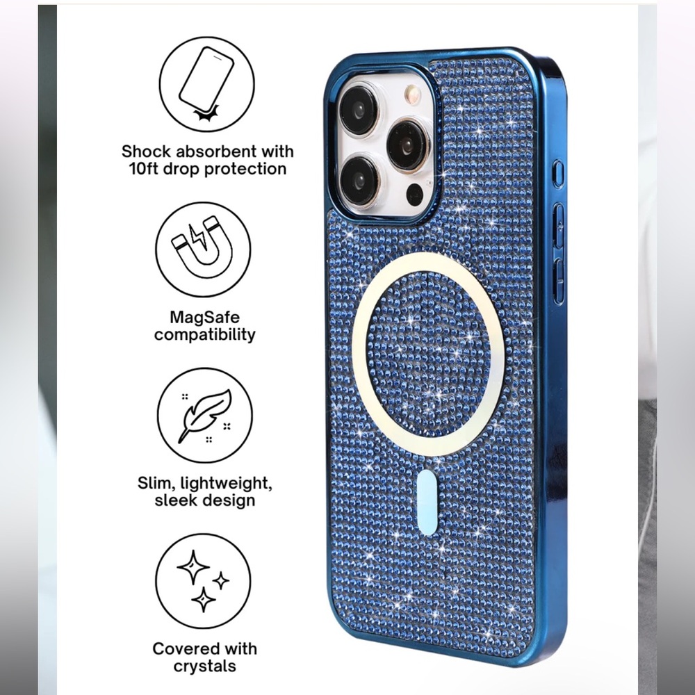 LuxyLemon Blue Crystal Glam MagSafe Phone Case, iPhone 14 Pro - Picture 5 of 12